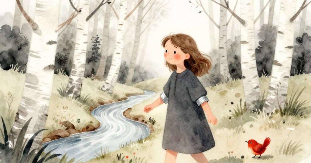 Wren悠然漫步白樺樹間，銀袖在斑駁光影中閃爍，旁邊小溪潺潺，映出森林靜謐美感。