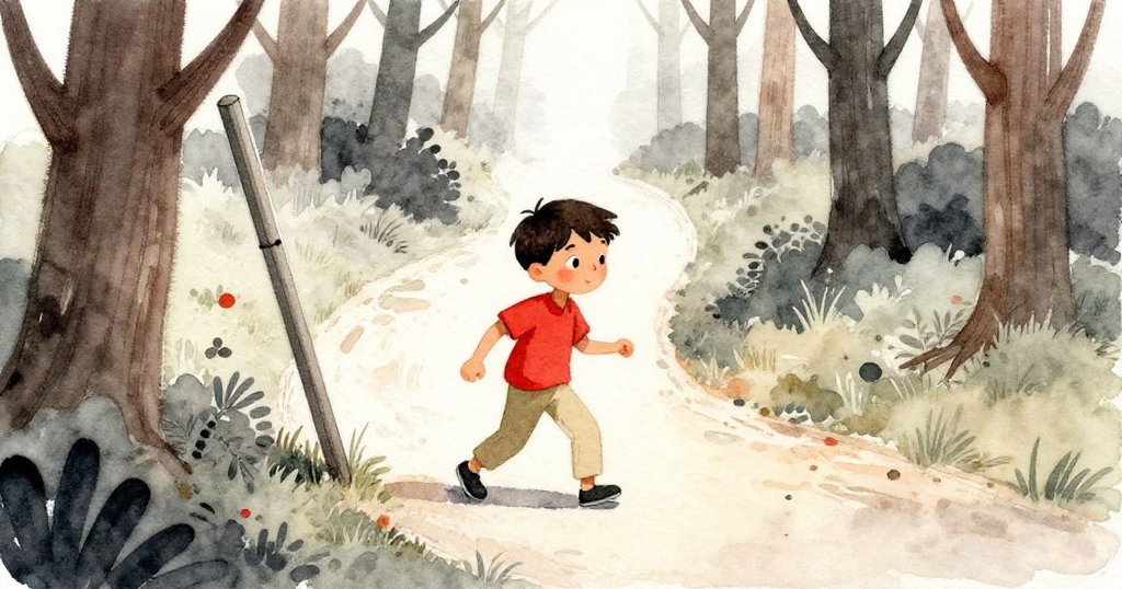 Cyrus踏上蜿蜒小徑前行，晚霞映照森林，背後傾斜標桿隱約可見，展現冒險持續展開之意。