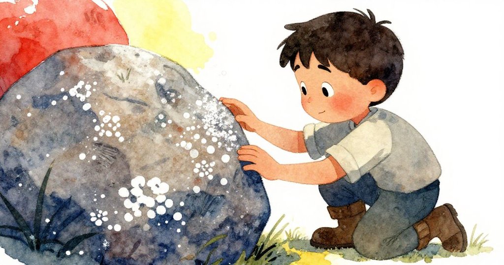 Silas專注地檢視一塊布滿苔蘚點的石頭,輕柔拂去灰塵,臉上流露好奇與認真,細節清晰展現自然奇妙。