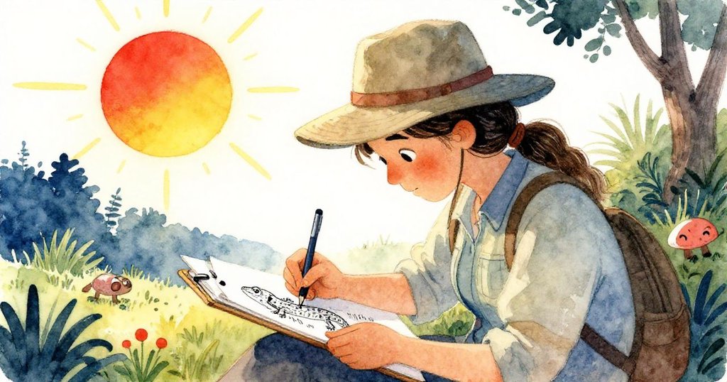 Unity戴著闊邊帽,在晨光中專注繪製緩行蜥蜴,筆下流露對大自然細節的熱愛與細緻觀察。