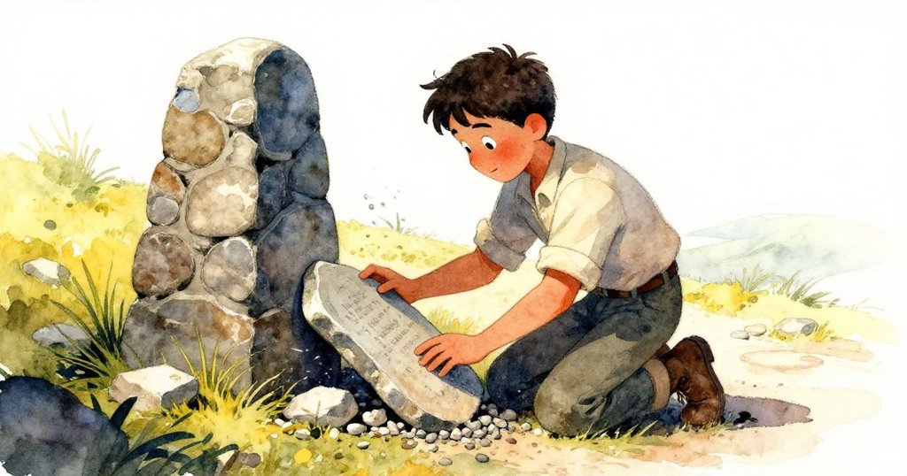 Silas蹲於斜坡石堆旁,風中輕翻石板探尋隱藏曲線,臉上帶著沉思與認真,展現自然間微妙變化。