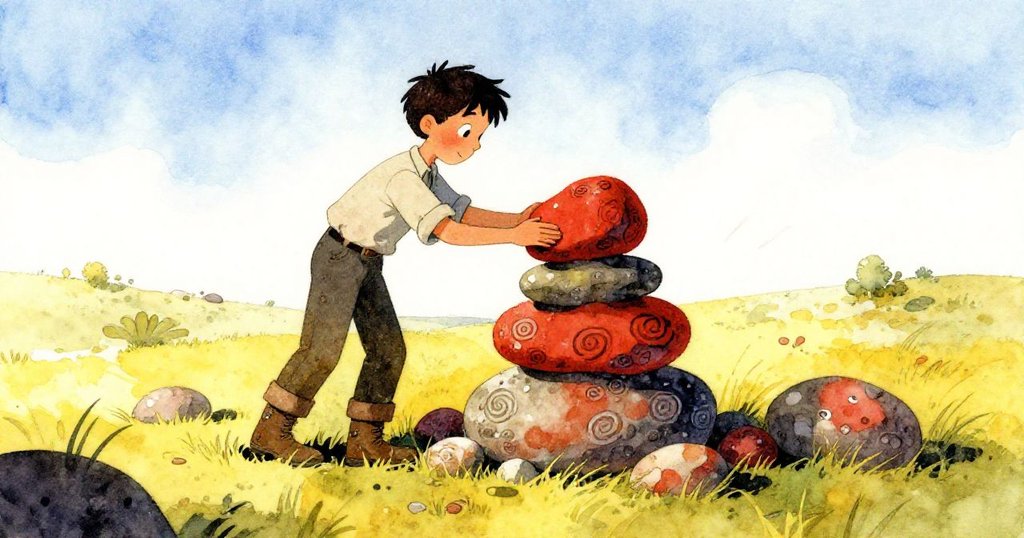 在晴朗天空下,Silas滿懷喜悅地將紅褐色蓋石放於穩固石塔頂,石上苔蘚形成螺旋圖樣,自然中洋溢平靜與成就。