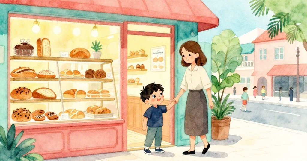 Vernon和媽媽踏入明亮溫馨的麵包店門口,充滿期待與好奇,背景展示整齊陳列的各種麵包。