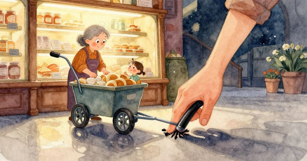 Vernon的手正小心翼翼拿起一個外皮酥脆的三明治麵包,顯露出細膩動作和專注神情,背景隱約有麵包店環境。