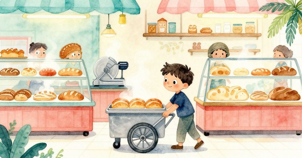 在繁忙麵包店中,Vernon正小心推著鎖住銀色輪子的手推車,背景有正在降溫的麵包和排隊的顧客,場景層次豐富。