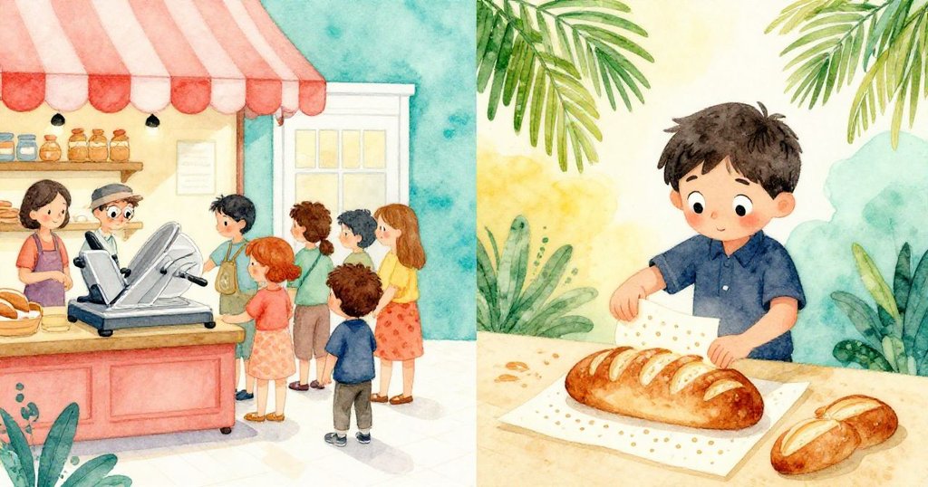 Vernon靈機一閃,左右兩邊場景並列展現,一邊是繁忙麵包店,一邊是充滿幻想的麵包轉變為小圓麵包,神情中流露驚喜。