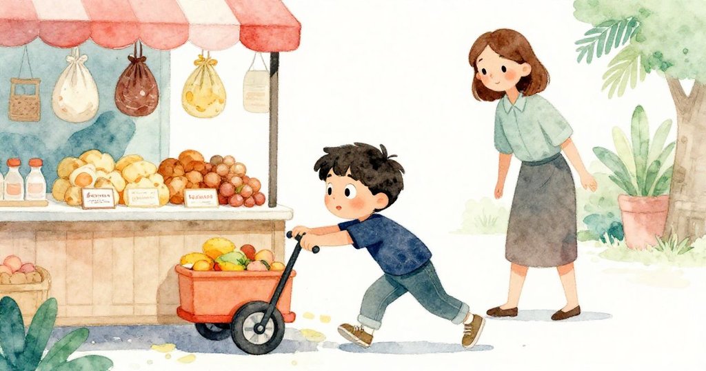 Vernon奮力推著吱嘎作響的手推車朝著袋子收貨台前進,身旁母親溫柔鼓勵,場景充滿動感與緊迫感。