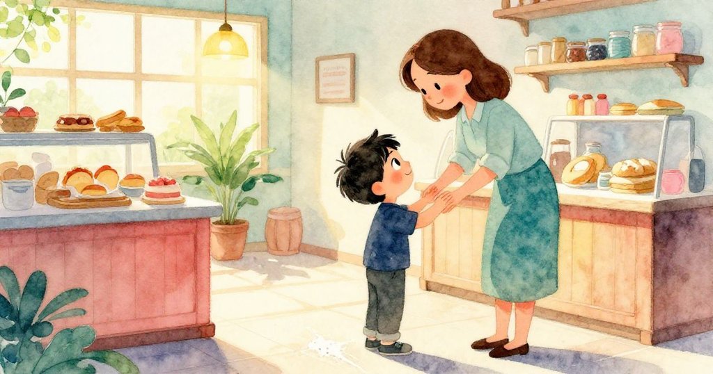 在金色余暉映照下,Vernon和母親於麵包店內溫馨互動,臉上露出滿足微笑,地板上留有柔和的麵粉痕跡,結束一天的忙碌。