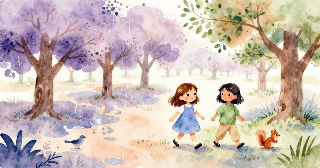 Zinnia 與 Viola 在雨後果園中與小動物互動，走向樹邊，臉上洋溢著期待與活力，環境充滿生機。