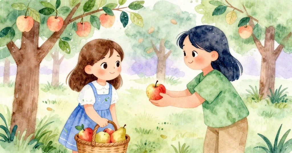 Viola 小心打開果籃整理蘋果與梨，Zinnia 緩緩遞上蘋果，背景呈現朦朧果園，展現同心協力溫馨情景。