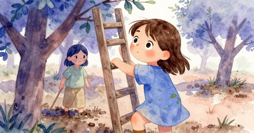 Zinnia 背影專注攀爬梯子，泥濕的樹幹與下方伸手相助的 Viola，鏡頭聚焦動作與細節，神情堅定。