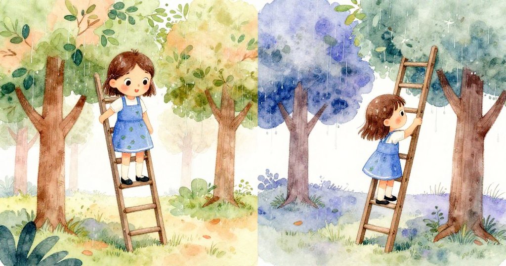 Zinnia 於果園中實驗將腳跟壓入濕泥，一邊顯示不穩梯子，一邊呈現固定梯子，臉上流露出創意與突破喜悅。