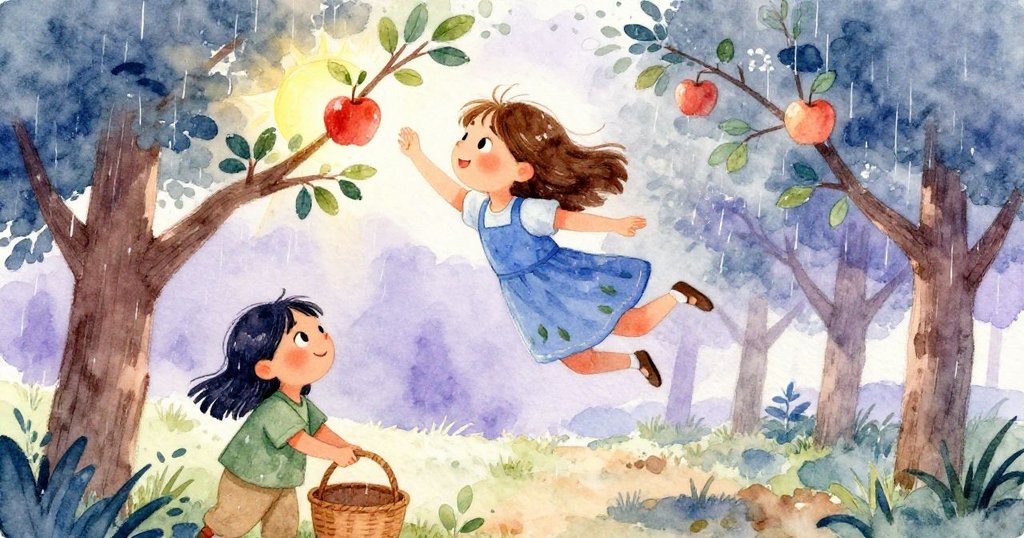 Zinnia 奔躍向樹上最後一顆金蘋果，Viola 在下方迅速調整果籃，畫面充滿動感與期待，彰顯團隊合作。