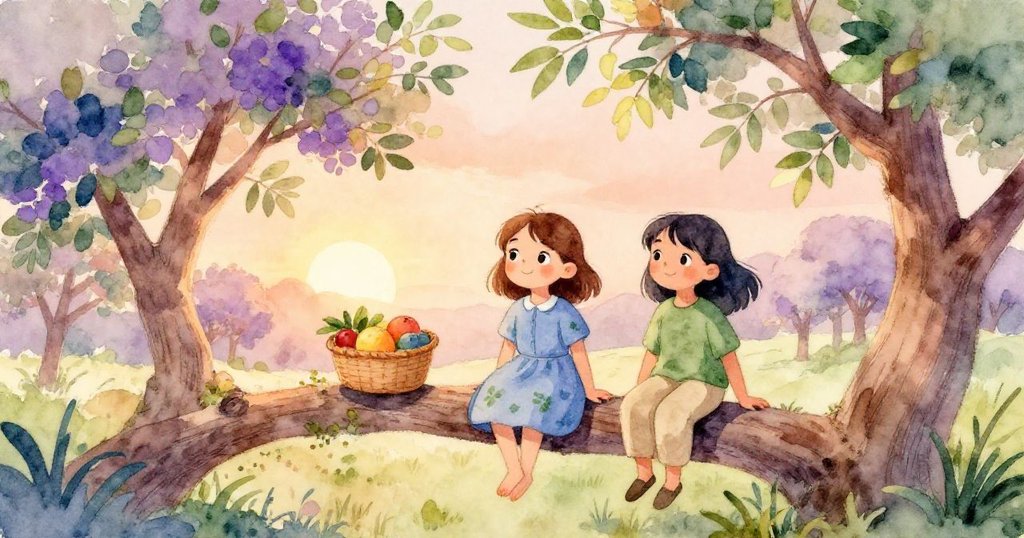 Zinnia 與 Viola 於日落時分休憩於樹枝上，輕輕凝視滿滿果籃，臉上流露出滿足與平和結束一天的勞作。