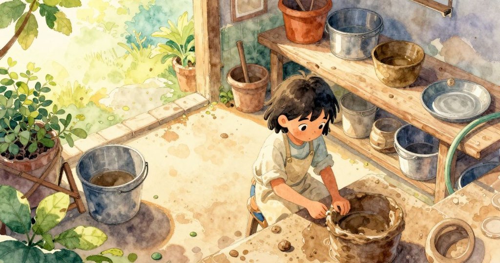 Uma在庭院工作區忙碌，從上方看到水管、桶子和金色晨光灑落，展現動感與期待