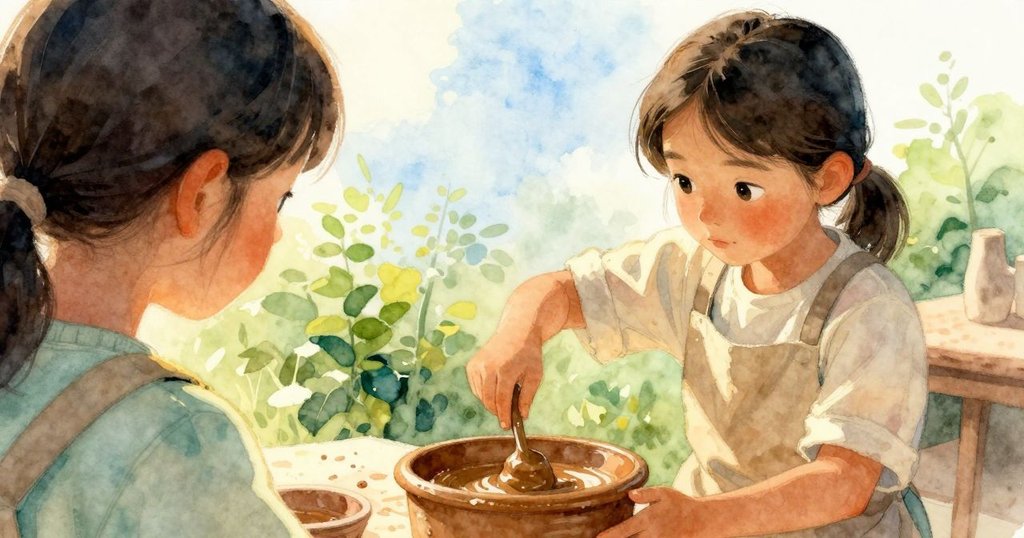 從肩後視角看見Uma用勺子輕輕攪拌泥漿，調整桶子角度以阻擋刺眼陽光，充滿細膩專注