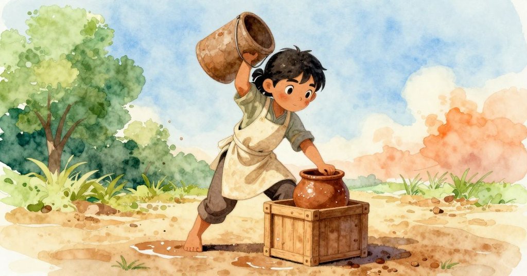 Uma奮力抬起沉重的泥漿桶，身旁滑濕地面散布水跡，堅定神情顯示出拼搏與挑戰