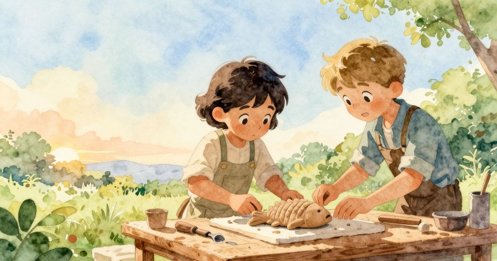 完成的魚形泥糕安置於木製模具中，整個工作區域呈現出平靜及滿足，傳遞出勞作後的成就感