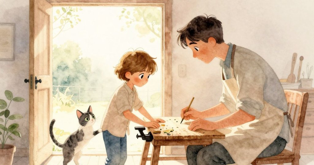 Lark在明亮工作室中操作木板，老師輕敲馬蹄，小貓靜靜觀察，展現晨光中靜謐而充滿希望的情景