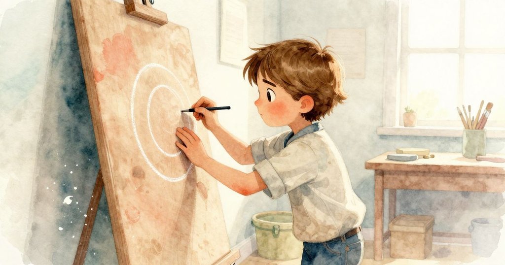 Lark在木工作坊中用粉筆劃圓，鋸末隨風飄動，前後層次分明，展現專注與動感的製作過程