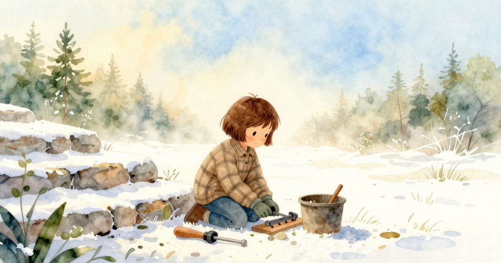 Briar在石階上忙碌,周圍有雪球、鏽鍍鏟子和玻璃罐,啾啾鳥飛舞,環境充滿金色晨霧與溫柔光線