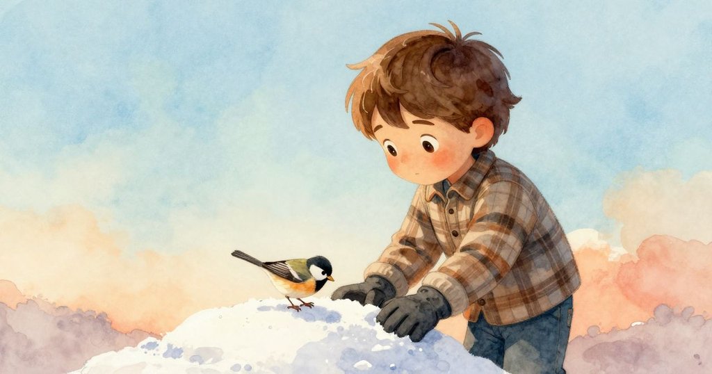 小啾啾鳥低角度觀察雪圓,輕輕啄食留痕,旁邊有玻璃罐,環境呈現溫暖柔和光線