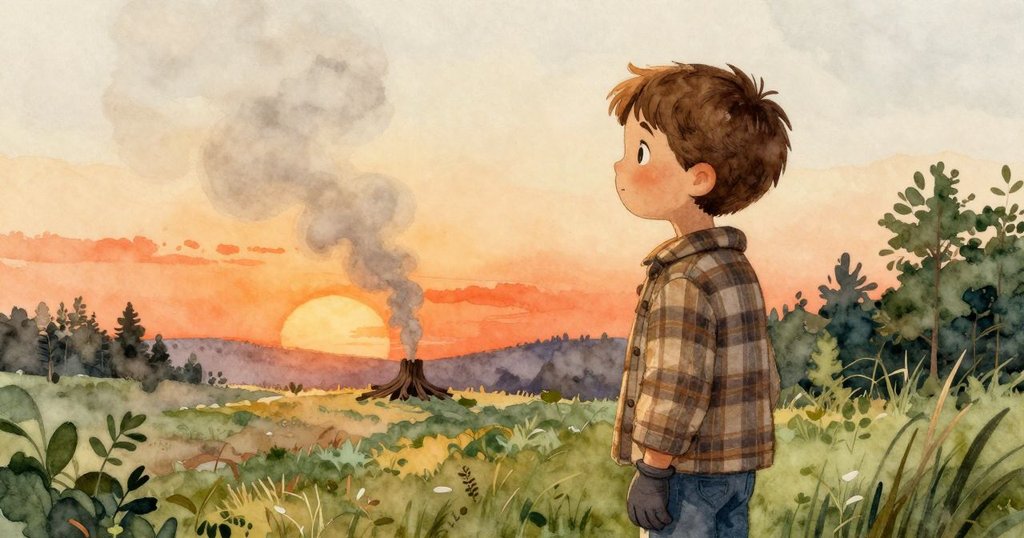 Briar凝神回望遠方木煙,背景呈懷舊色調,雪景和未完成的雪圓彷彿喚起溫暖記憶