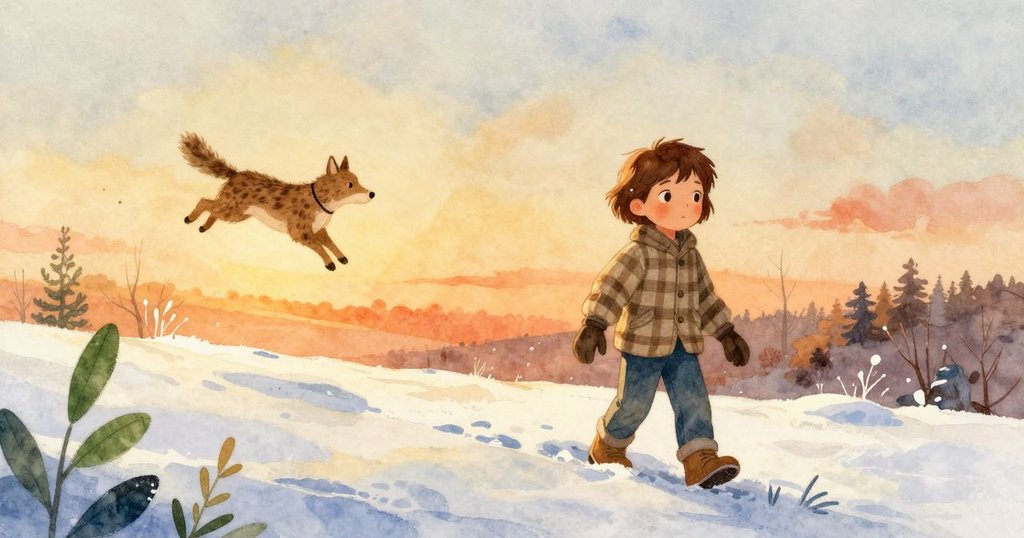 Briar整理好工具離開雪地,啾啾鳥展翅飛走,整個場景在暖光中彌漫著柔和告別情懷