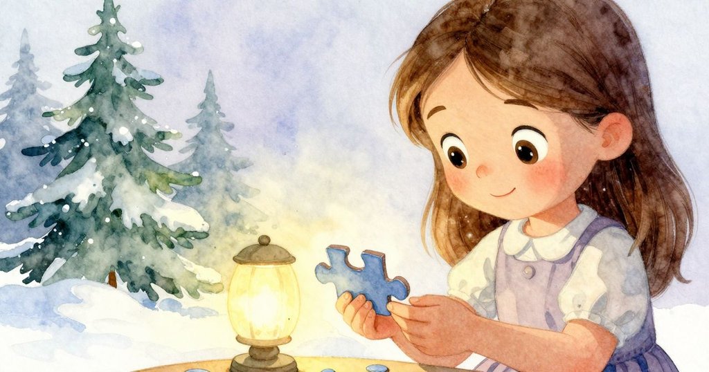 惠諾娜專注檢查珊瑚色拼圖塊，臉龐與雙手清晰呈現認真與好奇表情，燈光溫柔映照室內細節。