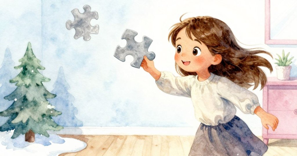 惠諾娜翻動異常厚邊的拼圖塊，視角扭曲展現動作與周圍拼圖輕微傾斜，氣氛奇異卻溫暖。