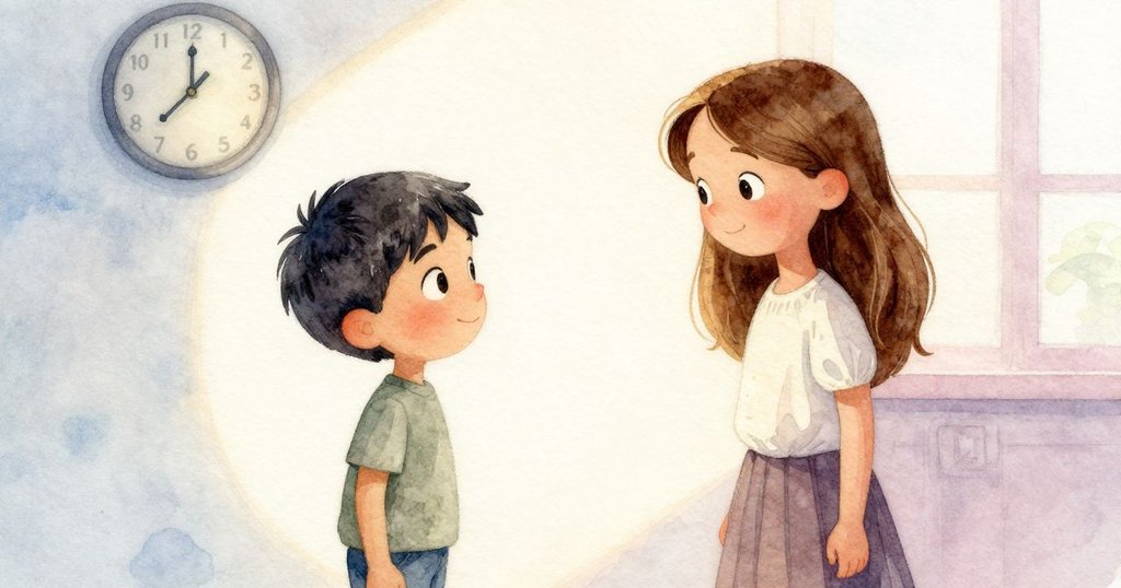 保羅與惠諾娜在室內調整拼圖，背景中鐘聲悠揚，燈光隨時間微妙變化，展現寧靜持續的氛圍。