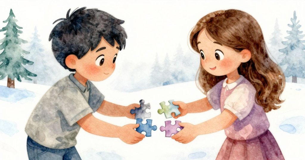 保羅伸手拼圖時與惠諾娜肘部輕觸，天空色拼圖塊隨之滑動，動作流露因果互動，燈光溫暖。