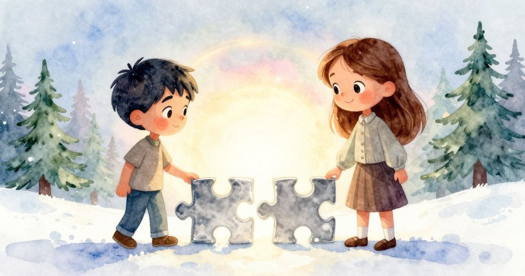 保羅與惠諾娜退後觀察拼圖缺口，背影面向溫暖光圈，眼中充滿希望與決心，室內空間展開新視野。