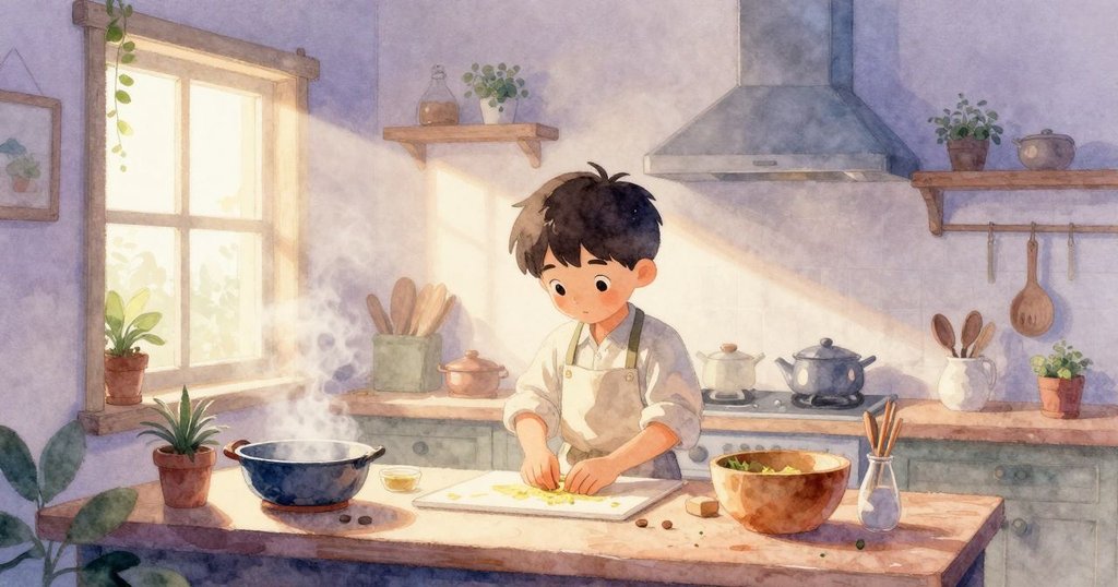 Glen在溫暖廚房中忙碌準備，窗外晨霧瀰漫，陶瓷海鷗點綴，表情專注展開新一天故事。