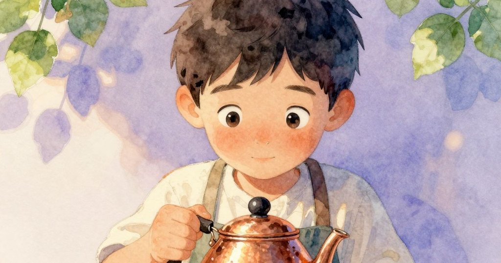 Glen專注神情映於銅壺鏡面，手部細膩操作展現任務專注，廚房溫柔燈光襯托故事精髓。