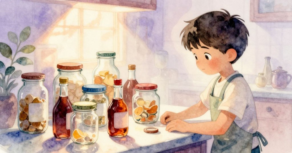 Glen在奇異幾何廚房中驚愕凝視，瓶罐與糖漿編織夢幻圖案，充滿好奇心與驚奇情感。