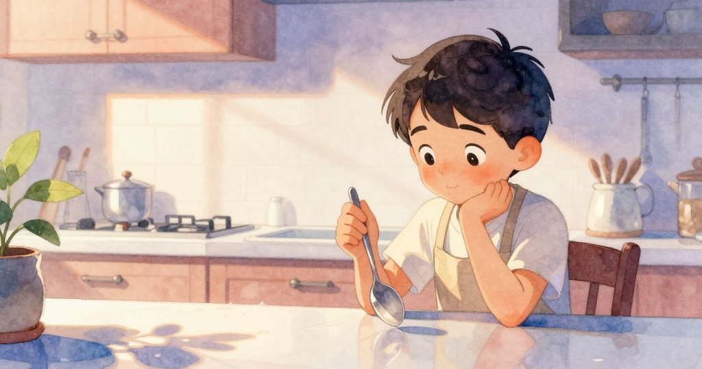 Glen靜思於櫃檯邊，手握湯匙感受溫暖，背景低語映照內心抉擇，展現故事關鍵轉捩點。