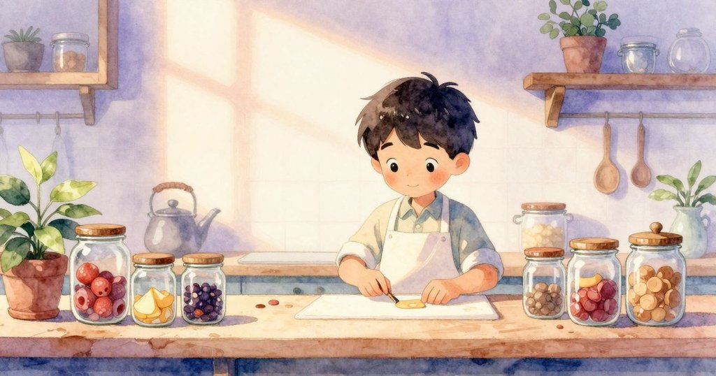 Glen完成任務後於整齊廚房中放鬆，瓶罐井然有序，微笑滿足，故事進入溫馨結尾。