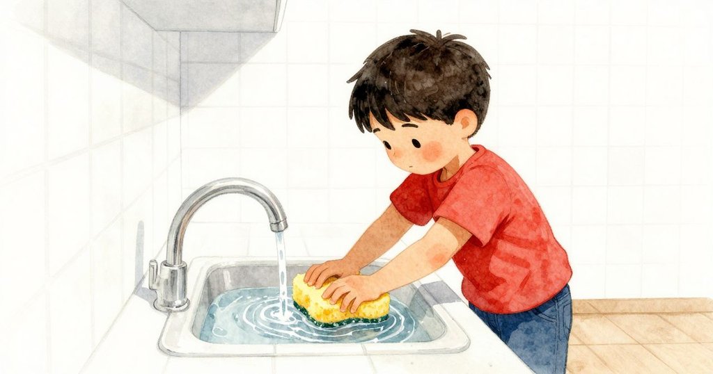 嘉瑞在現代廚房中用手擠壓泡沫海綿，泡沫閃閃發光映照他的手腕，溫暖光線對比明顯