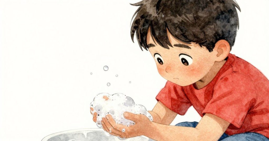 嘉瑞凝視著閃爍的泡沫，眼中映出如碎陽光般的水滴，專注表情展現內心情感