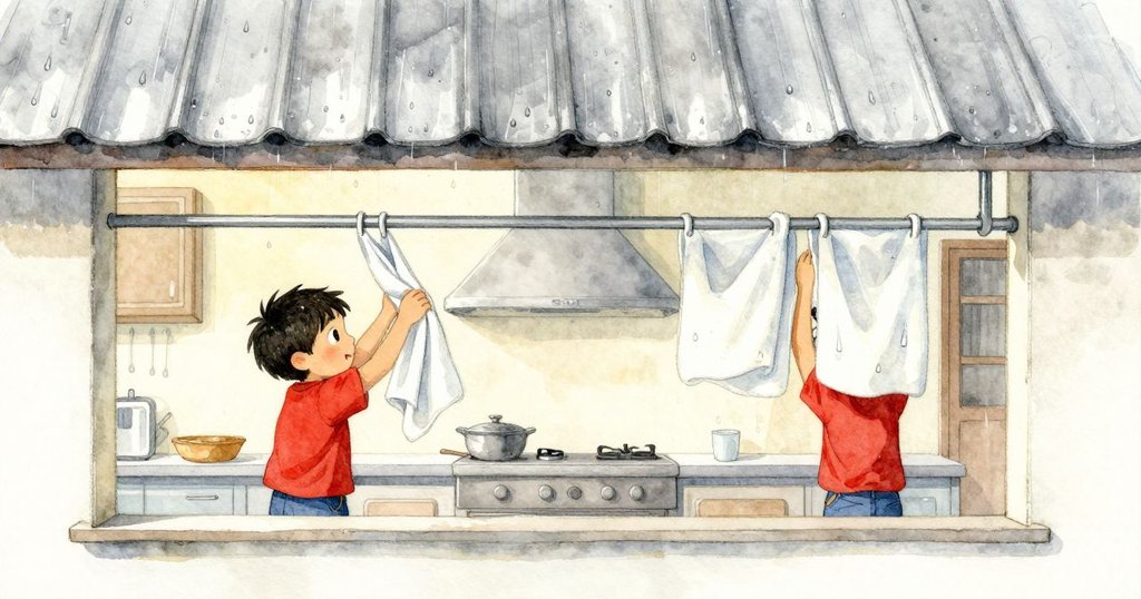 嘉瑞急忙從衣架拉取毛巾，窗外金屬屋頂上初見細雨，室內外形成溫暖與清涼對比