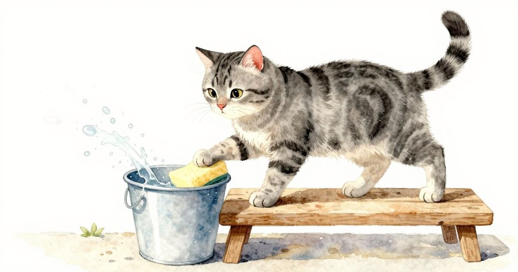 條紋貓輕巧上凳，推動海綿落入水桶，桌邊水花飛濺呈現動感連串流水