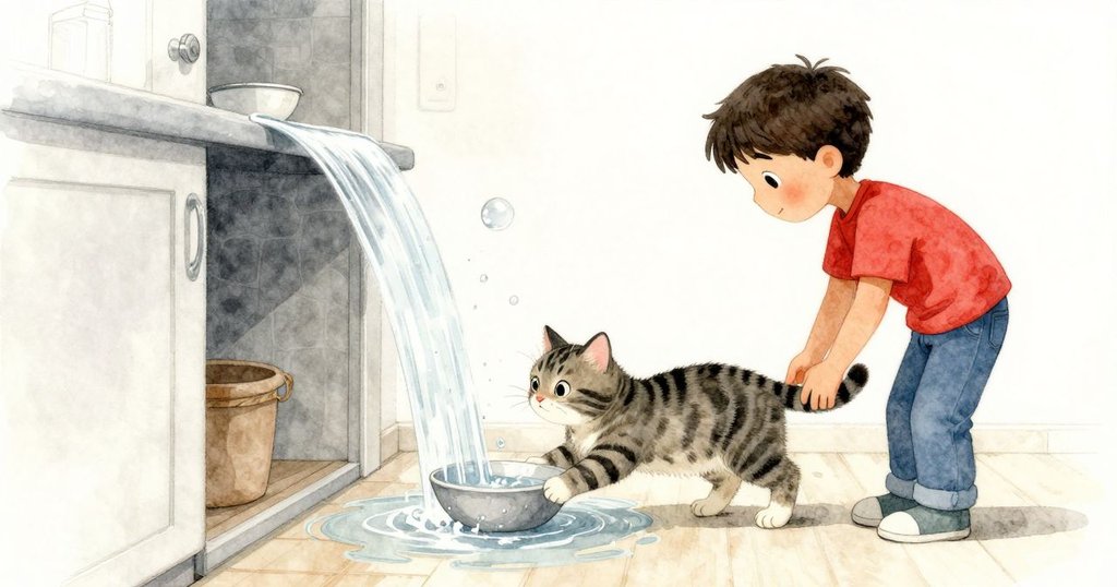 嘉瑞回來後平靜放置空碗接住水流，條紋貓在門邊輕拍漂浮泡泡，廚房呈現安寧結局