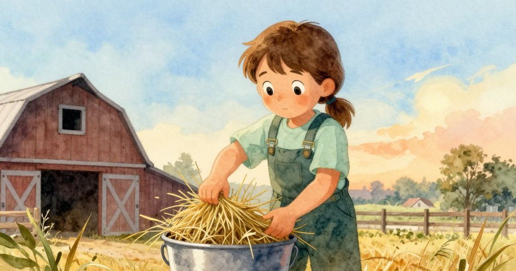 弗洛拉仔細舀取粗糙乾草與碎綠菜放入飼料桶，膝旁兩小桶整齊懸掛，背景中藍色桶隱約映出晨光