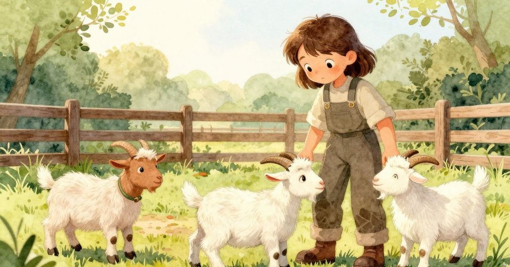 弗洛拉走近山羊圈，溫柔微笑中被多隻山羊急切推撞膝部，生動場景充滿晨光與田園氣息