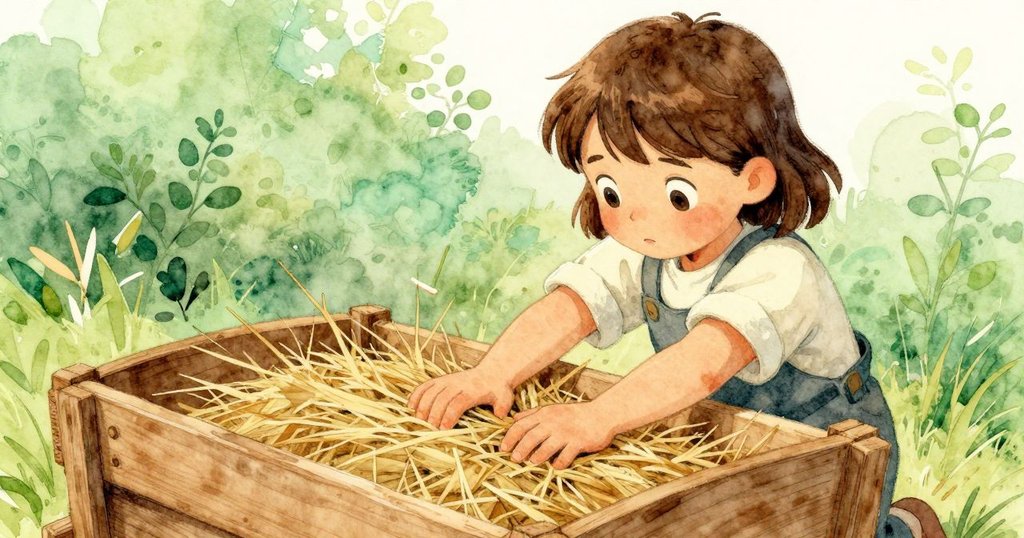 弗洛拉專注將乾草堆填入微彎木槽中，背景中山羊躍進推撞，細節明顯呈現農家工作瞬間