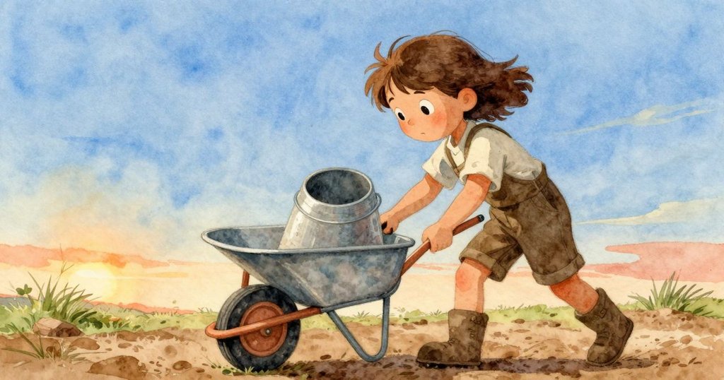 突如其來的重力變化使乾草堆移動，空桶旋轉撞擊推車，平底盤傾倒灑水於泥地，場面動感十足