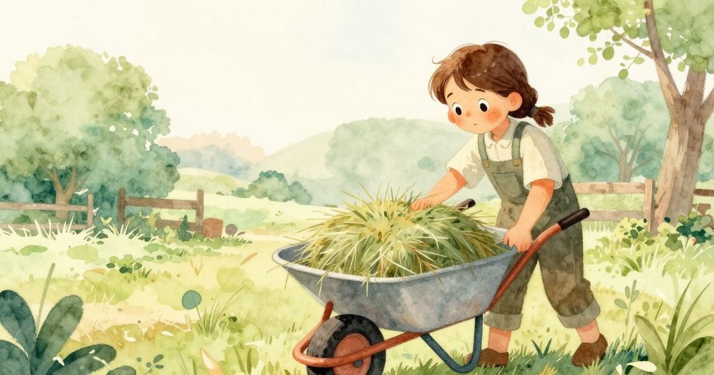 弗洛拉堅定調整散落的乾草，托起歪斜推車恢復秩序，晨光中露出平靜滿足，場景漸趨和諧