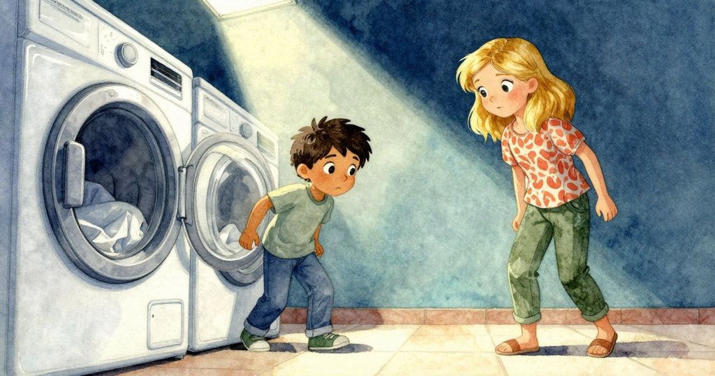 Idris與Winona在溫暖洗衣間中走向靜止吹風機, 輕柔光線勾勒輪廓, 充滿期待與好奇的神情