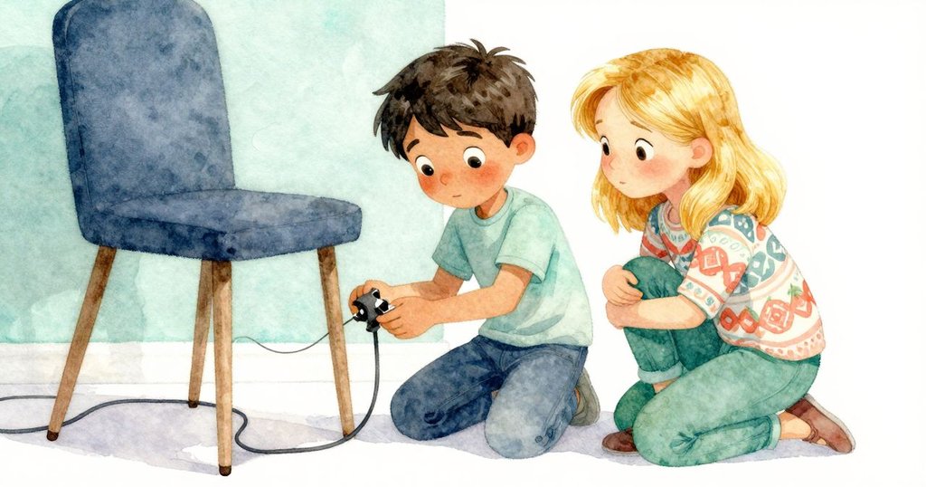 Winona蹲下檢查被椅子壓扁的插頭與電線, Idris在旁關切注視, 展現解決問題的細膩情節